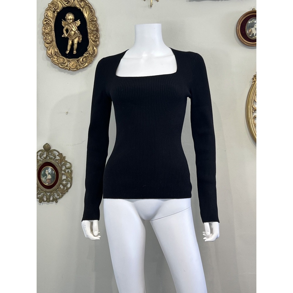 Theory Black Ribbed Knit Long Sleeve Square Neck Pullover Sweater Size M
